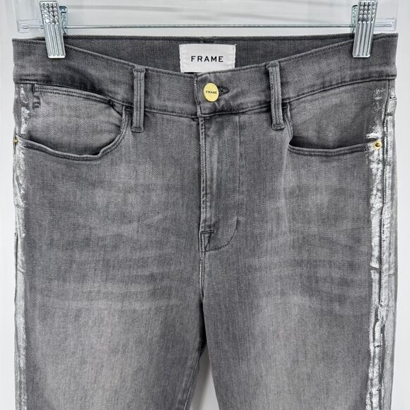 FRAME Le High Straight Leg Gray Silver Strip Field Foil Tux Jeans Size 27 - Picture 3 of 8